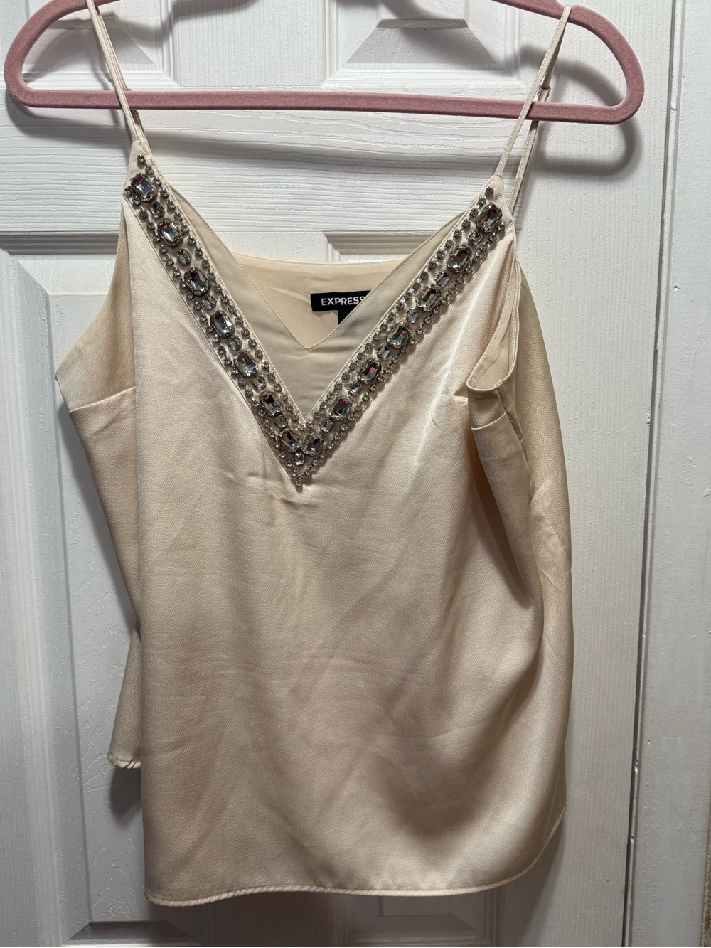 Express Cream Jeweled V-Neck Satin Camisole